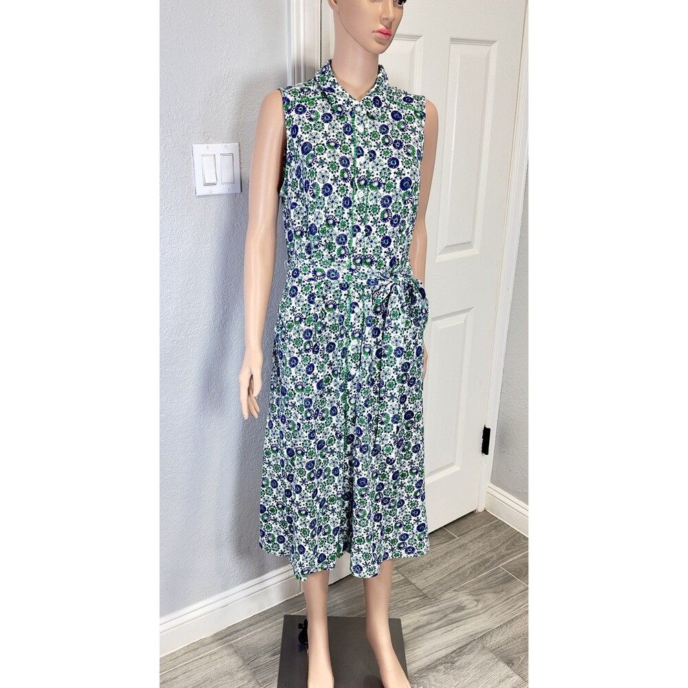 Boden Women’s US 10L Floral Cotton Midi Shirt Dress Belted Blue Green Sleeveless
